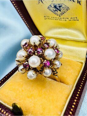 ANTIQUE- 14K Gold Ruby & Pearl Princess Ring Tiered Harem Ring Cluster Ring -7g